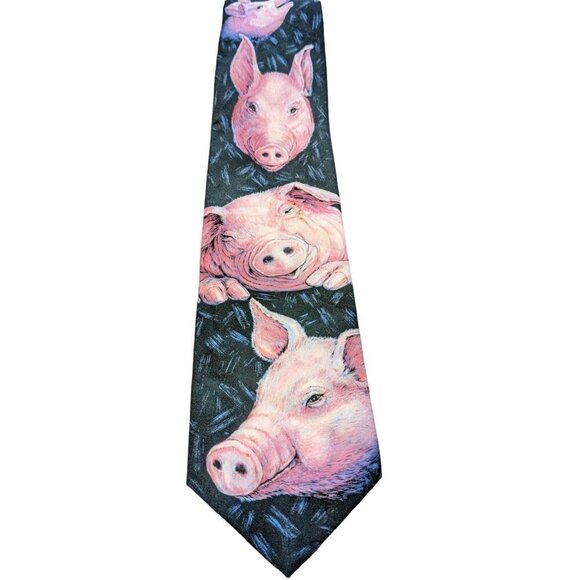 Vintage 1994 Ralph Marlin Necktie Blaine Helman Art Pink Pig Neck Tie Novelty - Picture 1 of 5